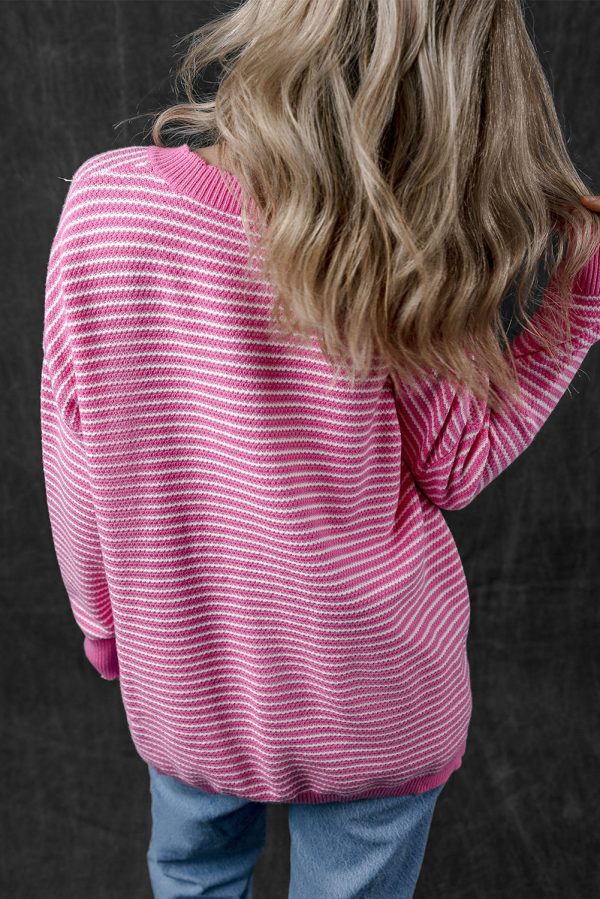 Alana Striped Scallop V Neck Loose Sweater For Sale