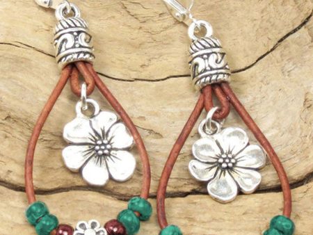 Silvery Western Leather Beaded Floral Dangle Earrings Discount