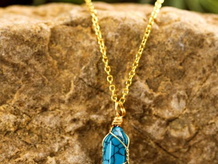 Blue Gold Wire Wrapped Turquoise Pendant Necklace For Discount