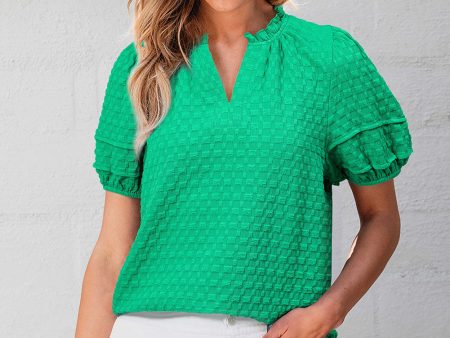 Kalani Textured Puff Short Sleeve Notched V Neck Top Supply