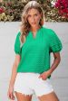 Kalani Textured Puff Short Sleeve Notched V Neck Top. For Discount