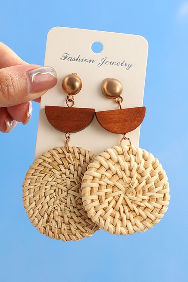 Beige Wooden Woven Disc Dangle Earrings Sale