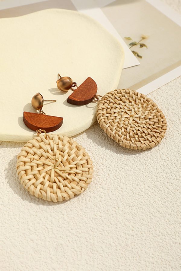 Beige Wooden Woven Disc Dangle Earrings Sale