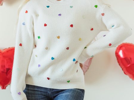 Sequin Heart Waffle Knit Sweater For Sale