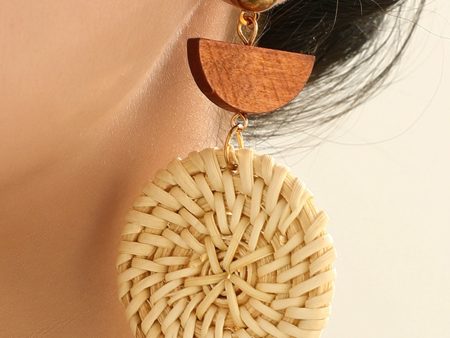 Beige Wooden Woven Disc Dangle Earrings Sale