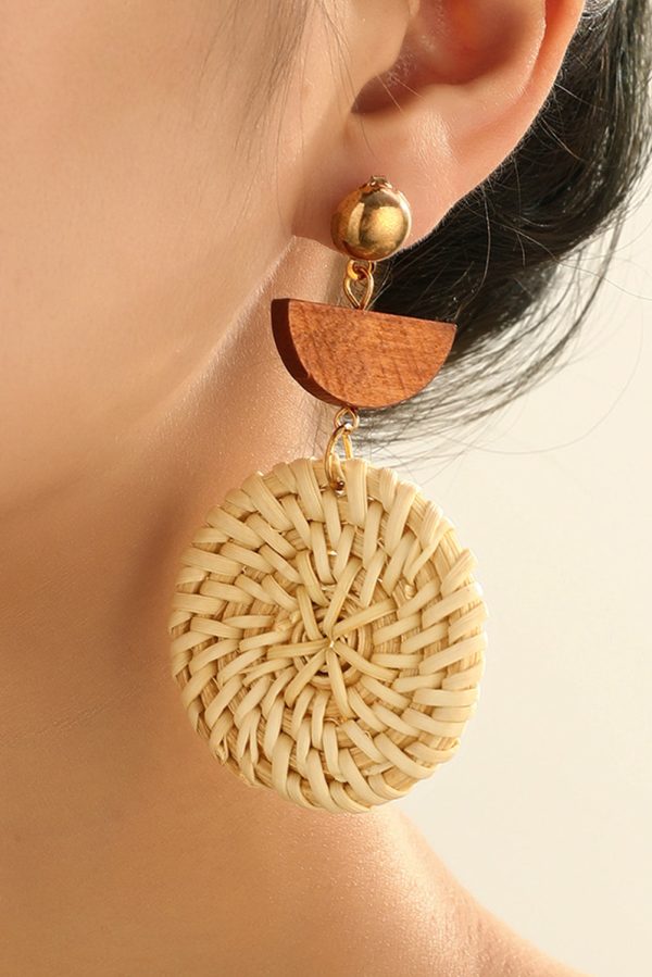 Beige Wooden Woven Disc Dangle Earrings Sale