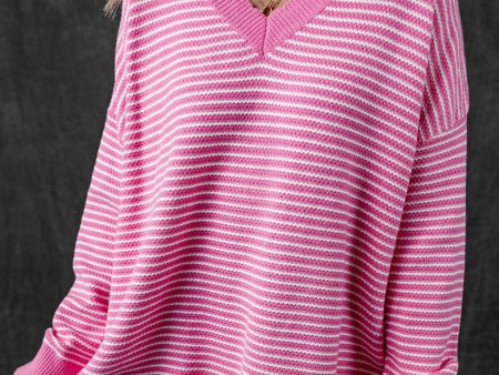 Alana Striped Scallop V Neck Loose Sweater For Sale