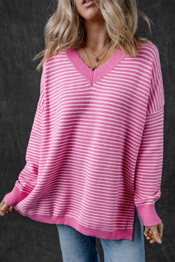 Alana Striped Scallop V Neck Loose Sweater For Sale