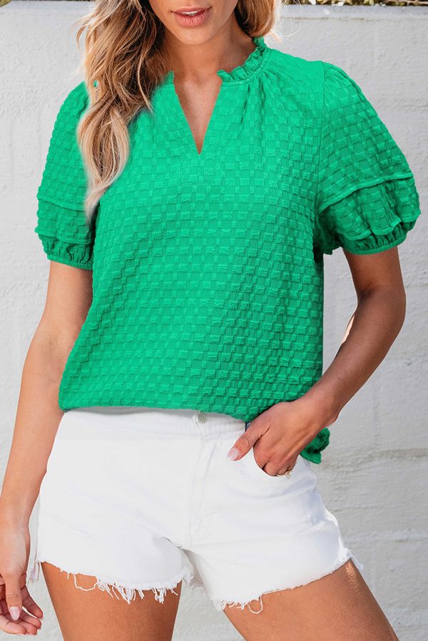 Kalani Textured Puff Short Sleeve Notched V Neck Top. For Discount