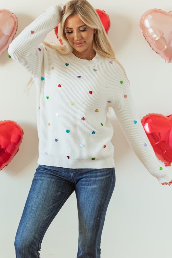 Sequin Heart Waffle Knit Sweater For Sale