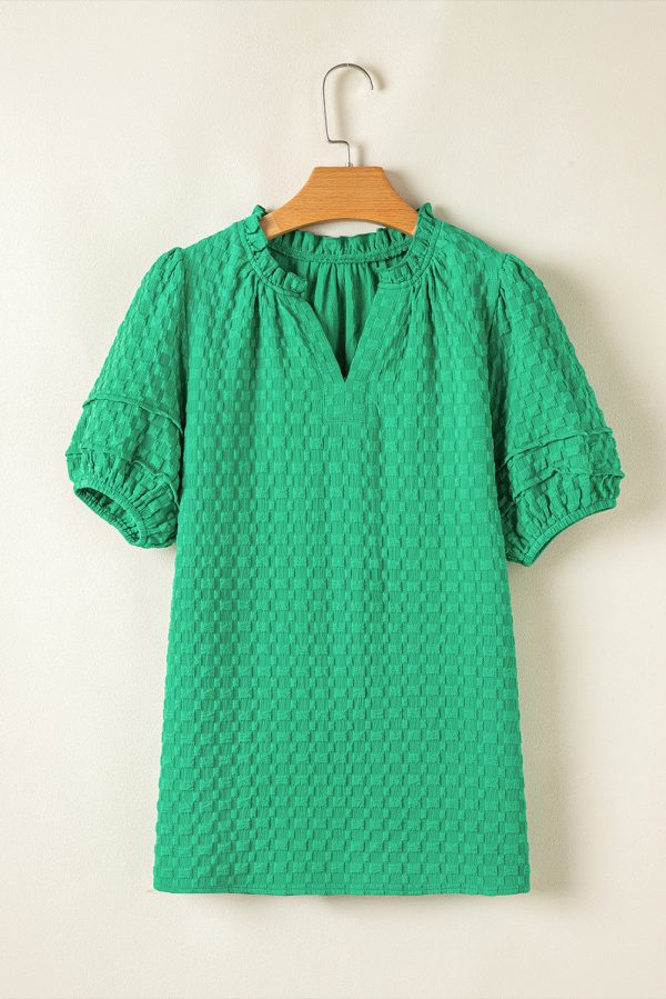 Kalani Textured Puff Short Sleeve Notched V Neck Top. For Discount