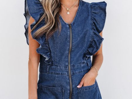 Amora Denim Ruffled Zipped Front Belted Romper For Sale