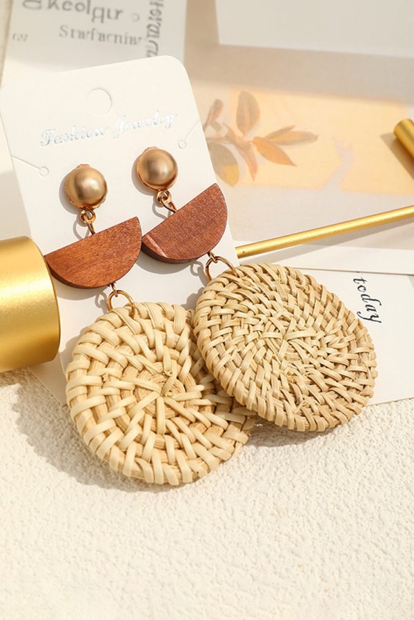 Beige Wooden Woven Disc Dangle Earrings Sale