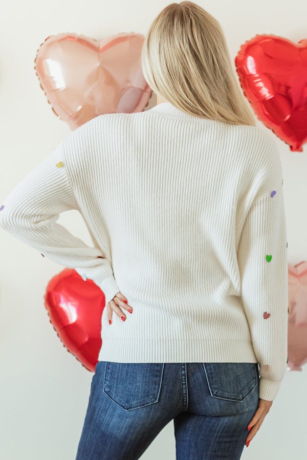 Sequin Heart Waffle Knit Sweater For Sale