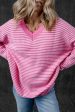 Alana Striped Scallop V Neck Loose Sweater For Sale