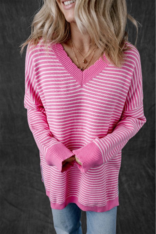 Alana Striped Scallop V Neck Loose Sweater For Sale