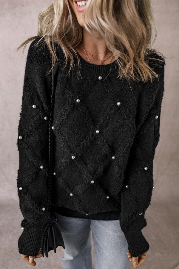 Valerie Pearl Embellished Rhombus Pattern Sweater Discount