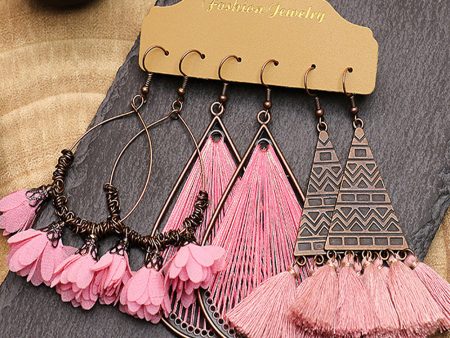 3 Pairs Boho Floral Tasseled Geometric Dangle Earrings Set Cheap