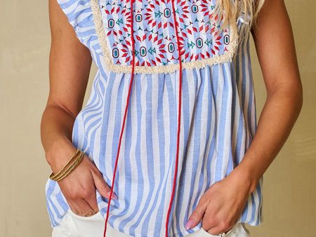 Ariya Stripe Geo Pattern Embroidered Tassel Flutter Blouse Online Hot Sale