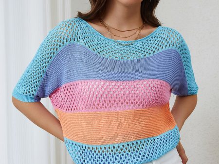 April Knitted Eyelet Colorblock Striped Half Sleeves Top Fashion